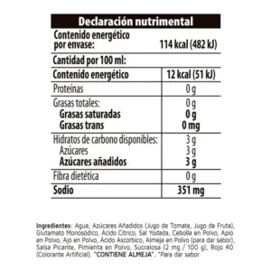 Información nutrimental de botella de Clamato Original de 946Ml