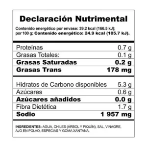 Información nutrimental de Salsa Cholula 150ml