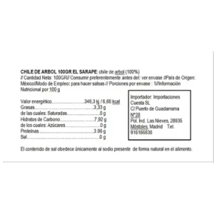 Información nutrimental de Chile Arbol Seco 100g Sarape