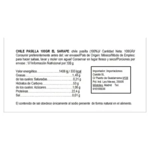 Información nutrimental de Chile Pasilla Seco 100G Sarape