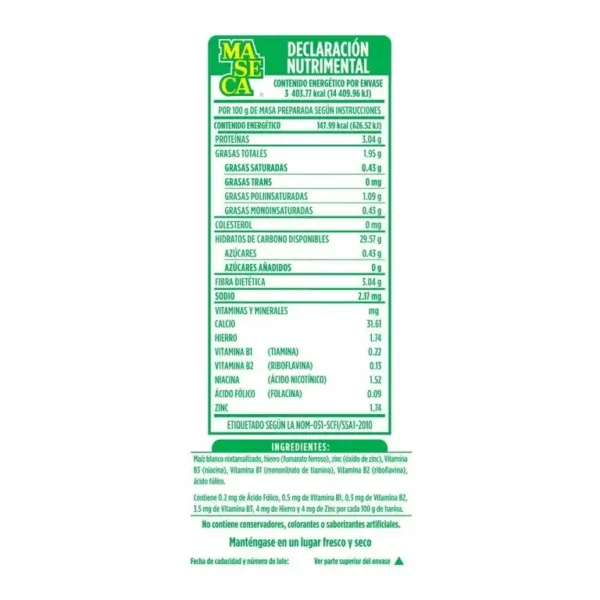 Información nutrimental de Harina de Maiz Blanco 1kg Maseca