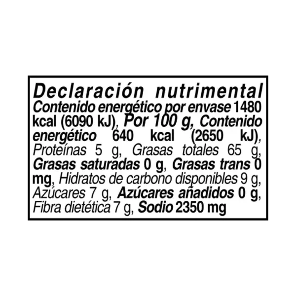 Información nutrimental Salsa Macha Arbol 230Gr La Anita